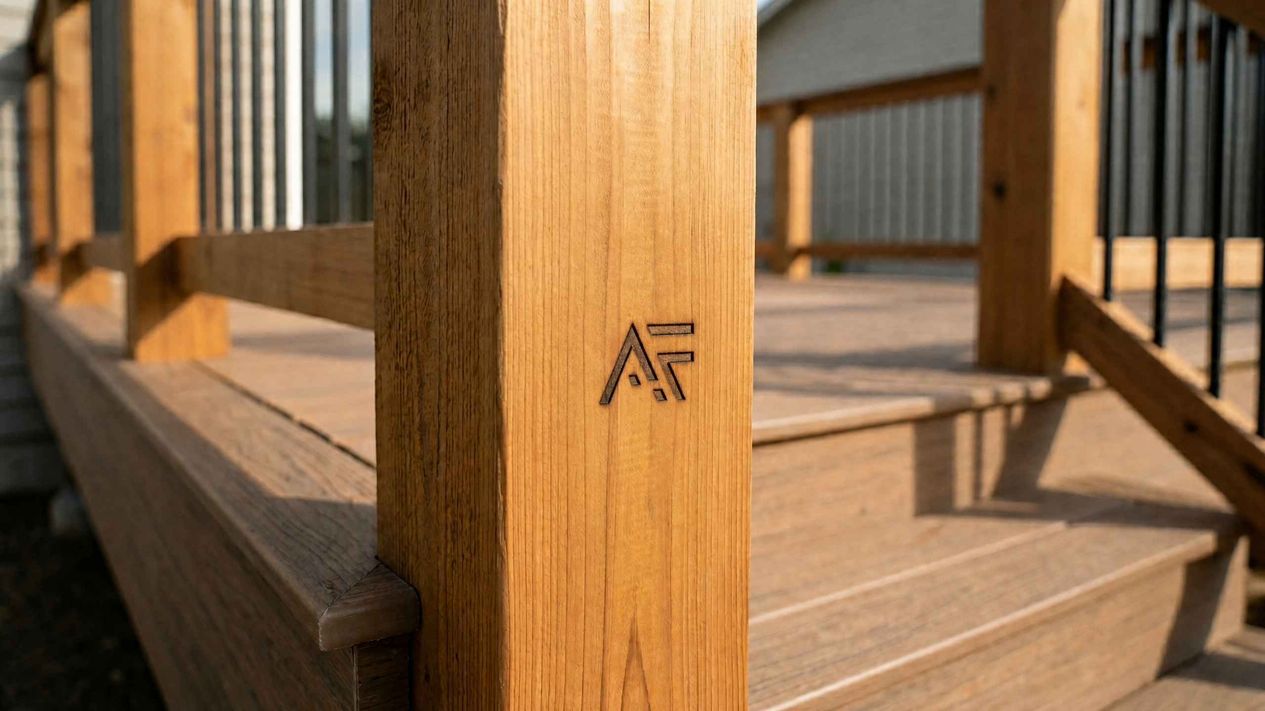 ARCH Freedom AF monogram branded into cedar deck post